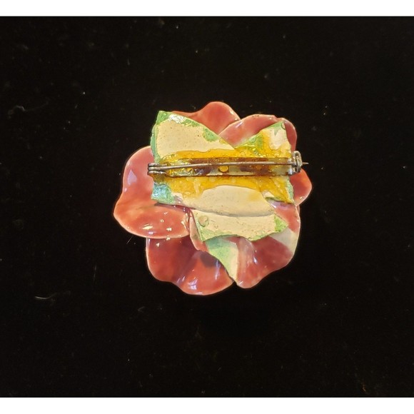 Vintage Unsigned Ceramic Rose Flower Brooch Pin Opening Petals Of Soft Red Rose - Picture 7 of 10